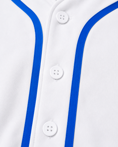 Maillot de baseball blanc avec bordure bleue, manches courtes, boutons sur le devant, unisexe, adulte, respirant, impression sublimée, polyester, personnalisable pour équipe sportive - Product Image 6
