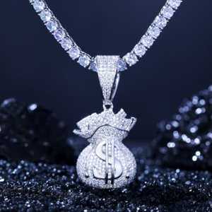 Colgante de Plata 925 con Moissanita en Forma de Bolsa de Dinero - Piedras Engastadas a Mano con Precisión, Colgante de Bolsa de Dinero con Diamantes - Product Image 2