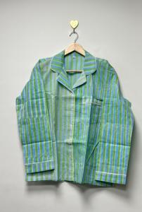 Womens <b>3</b> <b>Piece</b> Cotton Pajama <b>Set</b> Blue Green Striped Eco-Friendly Spring Summer Comfortable Fit Sleepwear <b>Lounge</b> Outfit - Product Image 2