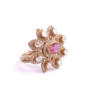 Anillo Floral Regal de Plata de Ley 925 Gajaah con Polki y Rubí para Ocasiones Nupciales - Product Image 2