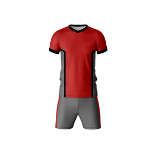 Men's Red Soccer Jersey Set Short Sleeve Crew Neck Moisture Wicking Polyester Material Uniform with Gray Shorts Elastic Waist - Product Image 2