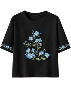 Camiseta Personalizada Negra con Estampado Floral para Mujer, Cuello Redondo, Algodón Suave, Manga Corta, Informal, Ligera, Cómoda y a la Moda - Product Image 1