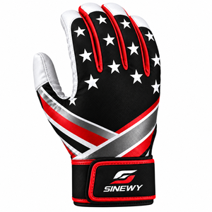 Gants de frappe de baseball SINEWY, noir, blanc, rouge, en cuir, à doigts entiers, fermeture auto-agrippante, ambidextres, pour entraînement adulte - Product Image 5