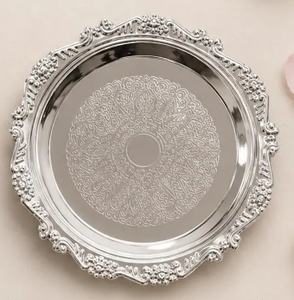 Custom Logo Metal Embossed Aluminium Silver Plate <b>Dinner</b> Wedding Round Decorative Cake Charger Plates and Cup - Product Image 4