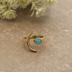 Celestial Crescent Moon Aqua Chalcedony <b>Ring</b> 14K Gold Plated Brass <b>Adjustable</b> Unisex Boho Daily Wear Jewelry - Product Image 1