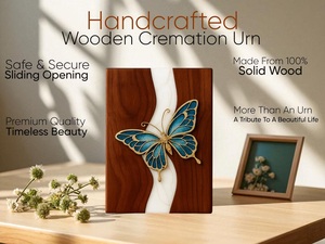 กล่องใส่เถ้ากระดูกรูปผีเสื้อสีน้ำเงินทำมือ: กล่องไม้และเรซิ่นสำหรับเก็บอัฐิคน ขนาดกลาง 9x5.5 นิ้ว - Product Image 4