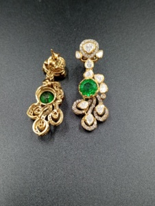 Classic 18K <b>Solid</b> <b>Gold</b> Drop Earrings With Emerald Cut Green Stone And Pear Cut Diamonds Flower Design For Women Wedding Jewelry - Product Image 3