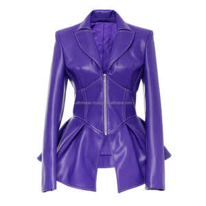 Chaqueta de motorista de cuero estilo Peplum morado, viscosa transpirable, cierre de cremallera, cuello de solapa, manga larga, cintura alta, elegante, ajustado - Product Image 1