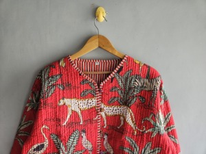 Red Quilted Jacket With <b>Animal</b> Print <b>Pattern</b> Full Sleeve Pullover Women's Summer Jacket Woven Polyester Fabric gift <b>for</b> her - Product Image 4