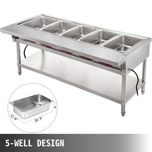 Scaldavivande Elettrico Commerciale Manuale a 5 Vasche, Scaldavivande a Vapore da 18 Quarti con Coperchi e Tagliere da 7 Pollici in Acciaio Inox per Alimenti - Product Image 3