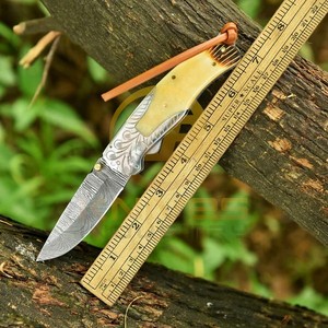 Premium Handmade Damascus Folding <b>Knife</b> with <b>Bone</b> <b>Handle</b> Outdoor Hunting Pocket <b>Knife</b> OEM Custom Logo Supplier - Product Image 3