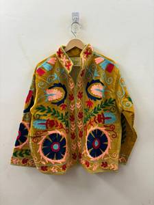 Chaqueta de Terciopelo Bordada para Mujer, Cuello Mandarín, Estampado Floral, Hecha a Mano, Estilo Boho Chic, Abrigo de Moda Primavera, Manga Larga, Largo Regular - Product Image 4