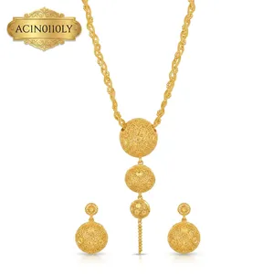 Luxury 24K Gold Plated Round Filigree Pendant <b>Necklace</b> Set for Women Dubai Style Jewelry Set with Earrings & <b>Ring</b> - Product Image 2