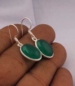 925 <b>Sterling</b> <b>Silver</b> Vintage Oval Green Onyx Drop Earrings Smooth Cabochon Gemstone <b>Wire</b> Dangle Earrings for Women Engagement - Product Image 2