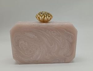 Evening Clutch <b>Purse</b> with Floral Embellishments, Pearl Accents, <b>Green</b> Crystal Details, Pink Acrylic Body - Product Image 2