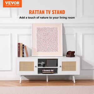 Metà del secolo moderno 55 pollici TV Stand Boho bianco Rattan TV Cabinet con ripiani regolabili per soggiorno sala multimediale - Product Image 2