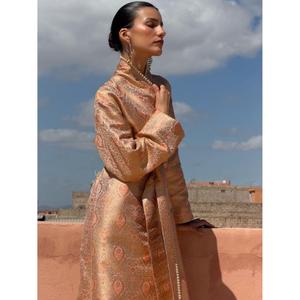 Traditional Winter Kimono-<b>kaftan</b> Peach Silk Brocade Subtle Textured Motif High Neckline Floor-Length Wrinkle-Free - Product Image 2