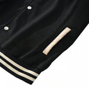 Men's Black Varsity Jacket Woolen Quick Dry Cotton-Lined Stand Collar <b>Covered</b> <b>Button</b> Closure Full-Sleeve Blank Spring Wear - Product Image 4