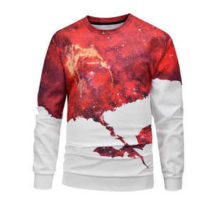 Men's <b>Red</b> Galaxy Print <b>Long</b> <b>Sleeve</b> Pullover Slim Fit O-Neck Casual <b>Top</b> Breathable Knitted Polyester Summer Wear - Product Image 2