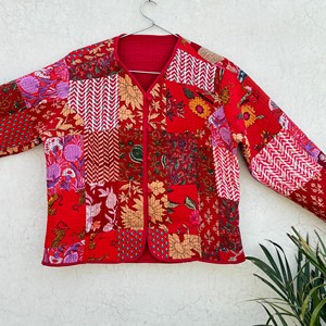 Women Quilted Cotton <b>Jacket</b> Patchwork Floral <b>Mandarin</b> <b>Collar</b> Three Quarter Sleeve Autumn Outerwear Quilted <b>Jacket</b> - Product Image 2