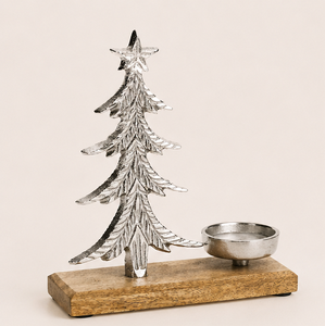 Handcrafted Nickel-Plated Aluminum Christmas Tree Candle Holder With Natural Mango Wood Base Modern Festive <b>Tea</b> Light <b>Stand</b> - Product Image 1