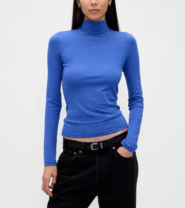 T-shirt côtelé à col roulé à manches longues pour femme, 95 % coton, 5 % élasthanne, 220 GSM, coupe ajustée, personnalisable avec logo OEM, vente en gros pour l'automne - Product Image 1