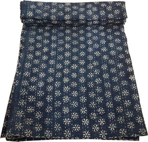 Traditional Indigo Cotton Kantha <b>Quilt</b> Blue Floral Hand-Stitched All-Season Home Decor <b>Throw</b> Cover - Product Image 3