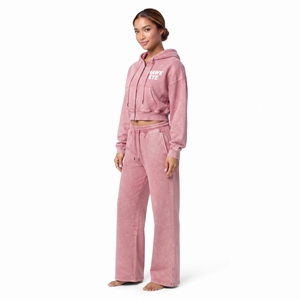 Conjunto de Top Corto con Cremallera Completa y Hombros Caídos de Algodón Lavado al Ácido y Felpa, y Pantalones Jogger de Pierna Ancha para Mujer, con Logotipo Personalizado - Product Image 2