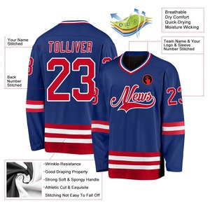 Jersey de Hockey sobre Hielo de Manga Larga con Cuello en V en Azul con Rayas Rojas y Blancas, Logotipo y Números del Equipo Personalizados, Tela Pro-poliéster - Product Image 3