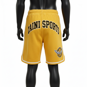 Short de basket-ball en molleton doux coton-polyester, jaune avec empiècements latéraux blancs, broderie chenille, appliqué, logo personnalisé, short en mesh pour homme - Product Image 4