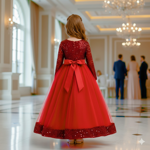 Robe de demoiselle d'honneur de luxe en velours rouge à sequins, broderie florale, pour enfants, idéale pour les fêtes d'anniversaire et les mariages, vente en gros - Product Image 2