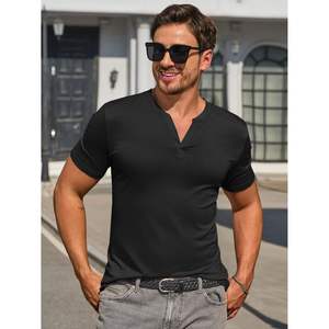 2025 hombres Slim Fit cuello en V Casual Henley camisa 280g peso gimnasio Atlético entrenamiento camiseta hilo teñido manga corta - Product Image 3
