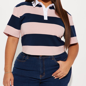 Lightweight Breathable Pink Blue Stripes Solid Jersey Knitted Short Sleeve <b>Polo</b> <b>Crop</b> <b>Top</b> For Summer Slim Fit off Shoulder <b>Polo</b> - Product Image 3