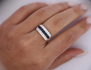 Classic Sapphire Eternity Band <b>Ring</b> With Emerald Cut Natural Stones Channel Set In Rhodium Plated 925 Silver <b>For</b> Wedding - Product Image 2
