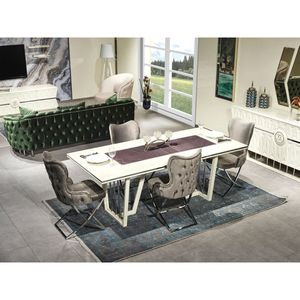 Juego de Comedor Moderno de Lujo en Madera de Teca Sólida, Mesa Rectangular Dorada con 6 Sillas, Muebles Contemporáneos para Cocina de Villa - Product Image 1