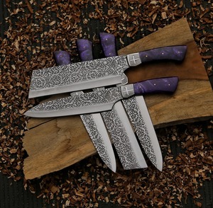 Damascus Kitchen <b>Knife</b> <b>Set</b> Resin Handles Ambidextrous Handmade <b>Sharp</b> Professional Decorative Damascus Pattern Blades 5Piece - Product Image 3