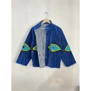 Veste Bohème en Velours Bleu pour Femme, Broderie Abstraite Fait Main, Motif Œil Turc, Vêtement d'Extérieur pour Festival - Product Image 2