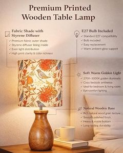 Decorative Modern Design Table Lamp Fabric Shade Styrene Diffuser E27 Bulb Included Wooden Base Soft Yellow Light for <b>Home</b> Decor - Product Image 5