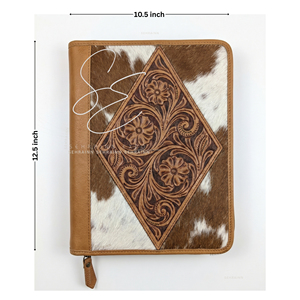 SEHRAINN Vintage Tooled <b>Leather</b> Portfolio <b>A4</b> Organizer Zipper Case Hair On Cowhide Flowers Durable <b>Document</b>/Certificate <b>Holder</b> - Product Image 2