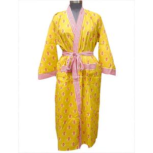 Robe kimono pour femmes 100% coton, longueur intégrale, col en V, imprimé géométrique jaune, vêtements de nuit décontractés, fermeture à ceinture, respirante, séchage rapide - Product Image 1