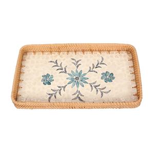 ถาดเสิร์ฟทรงสี่เหลี่ยมผืนผ้าลายดอกไม้ฝังมุกและหวาย  สำหรับตกแต่งโต๊ะกาแฟและห้องครัว  ขายส่ง - Product Image 1