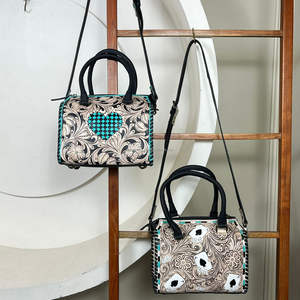 Nuevo bolso de lona rápido de cuero genuino mecanizado a mano con diseño de corazón a cuadros turquesa bolso de cuero de vaca Floral occidental para mujer - Product Image 4