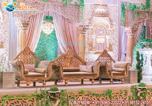 Sofá y sillas de decoración de escenario Nikkah musulmán, conjunto de sofá de escenario de boda con tema marroquí, muebles de boda tallados pulidos dorados - Product Image 5