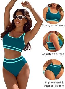 Women's Teal Blue <b>Bikini</b> <b>Set</b> Scoop Neck Contrast Binding High Waist Two Piece Swimwear Stretch Fit Regular Style - Product Image 6