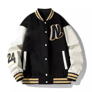 Unisex Canvas Varsity Jacket Navy White Color Block Hooded Stand <b>Covered</b> <b>Button</b> Closure Regular Fit Winter Casual Style Front - Product Image 3