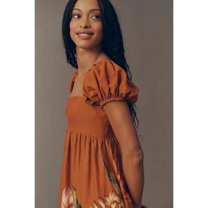Robe longue élégante et tendance pour femme, motif floral personnalisé, col en V, manches bouffantes, coupe trapèze, décontractée d'été, ajustement régulier, 100 % lavable - Product Image 2
