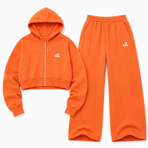 Conjunto Deportivo de Moda para Mujer, Sudadera Corta con Cremallera Naranja, Pantalones Anchos de Felpa, Personalizado, Talla Grande, para Otoño e Invierno - Product Image 4