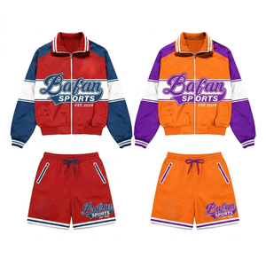 Mens Premium Windbreaker Short Set GSM Breathable Polyester Fabric <b>Grey</b> Blue Contrast Panels Custom Screen Print Logo plus size - Product Image 3