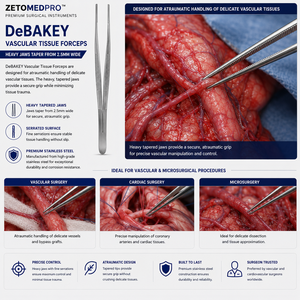 Pinzas Vasculares DeBakey con Mandíbulas Cónicas Anchas de 2.5 mm, Instrumento Quirúrgico ZETOMEDPRO - Product Image 4
