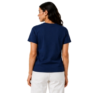 T-shirt en coton bleu roi pour femme, col rond, broderie florale beige, manches courtes, décontracté, personnalisé, OEM, premium, mode estivale - Product Image 2